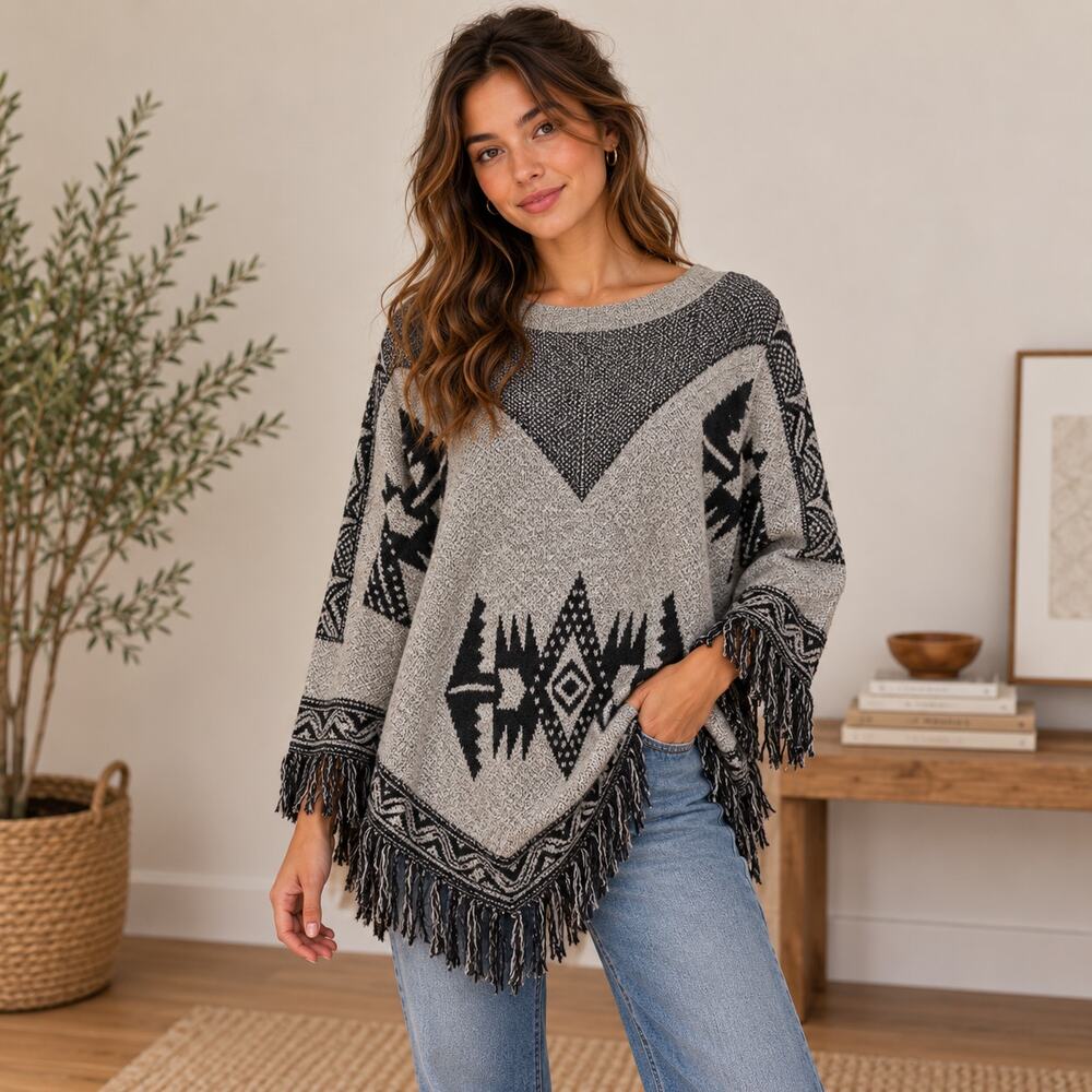 La Vie 89 Brand Poncho Sweater Women's Size M/L Western Aztec Lagenlook Casual